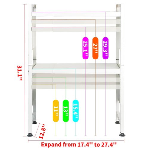 loyalKBS Expandable Microwave Stand Countertop, 3 Tier Heavy Duty Over Microwave Shelf Countertop with 4 Hooks, Height Adjustable Metal Microwave Oven Rack Shelf for Kitchen Tabletop,Holds 160lb,White