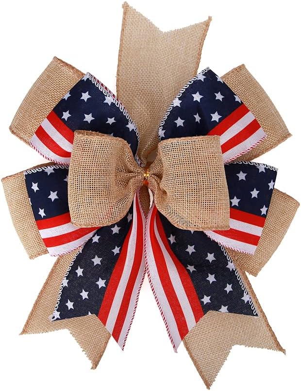 Meseey Patriotic Bows for Wreaths - Large Burlap Red, White & Blue Stripe Bow | 12” x 9.4” for 4th of July Decor
