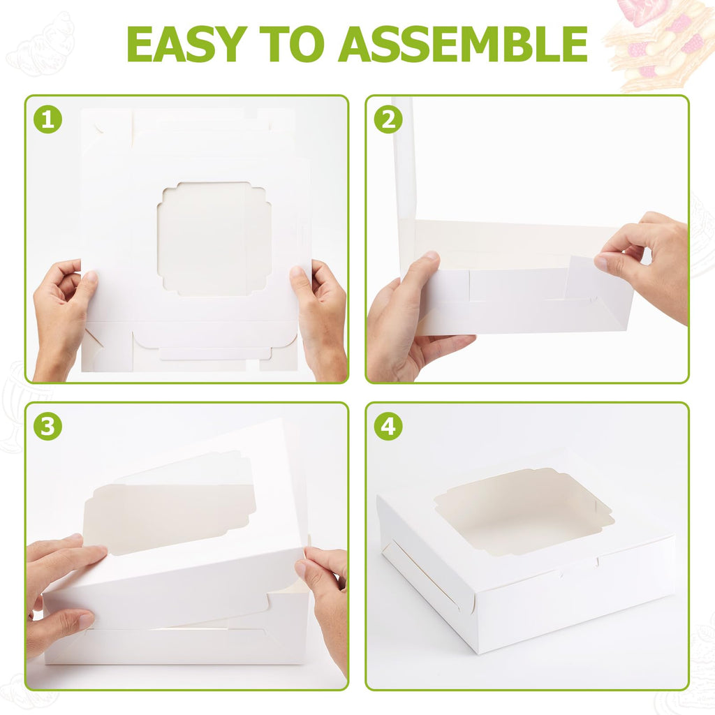 YODYZJ 20-Pack Bakery Boxes with Window, 8"x8"x2.5" White Treat Boxes for Dessert, Cookie, Chocolate Strawberry, Donut and Pastry