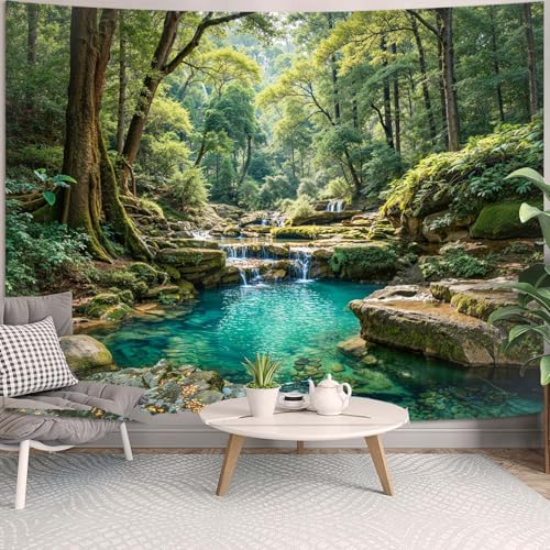 Zussun Nature Forest Tapestry, Teal Pool Landscape Wall Hanging 48x36