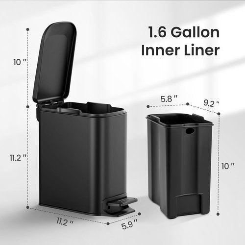 Cesun Bathroom Essentials Bundle - 1.6 Gallon Soft Close Trash Can & Toilet Paper Holder Stand | Matte Black Stainless Steel