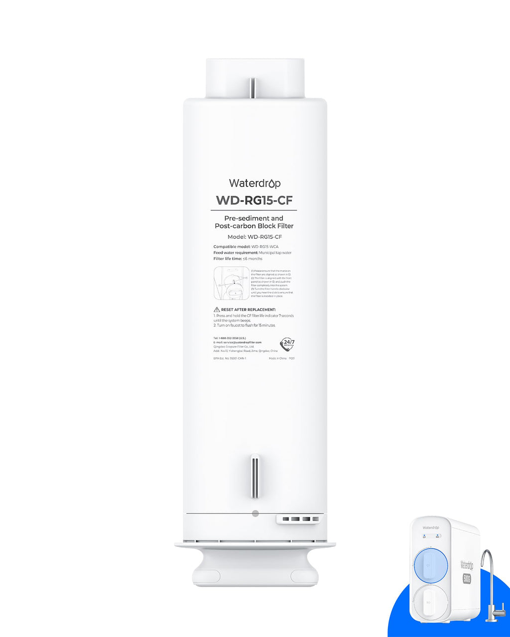 Waterdrop G5P500-CF Filter, Replacement for Waterdrop G5P500 Undersink Reverse Osmosis System, 6-month Lifetime