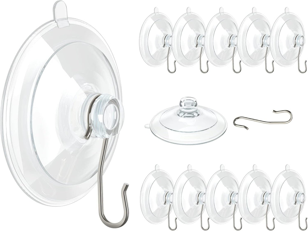 VIS'V Suction Cup Hooks - 1.77 Inch Clear Window Suction Cups with Metal Hooks | 12 Pcs, Removable & Reusable