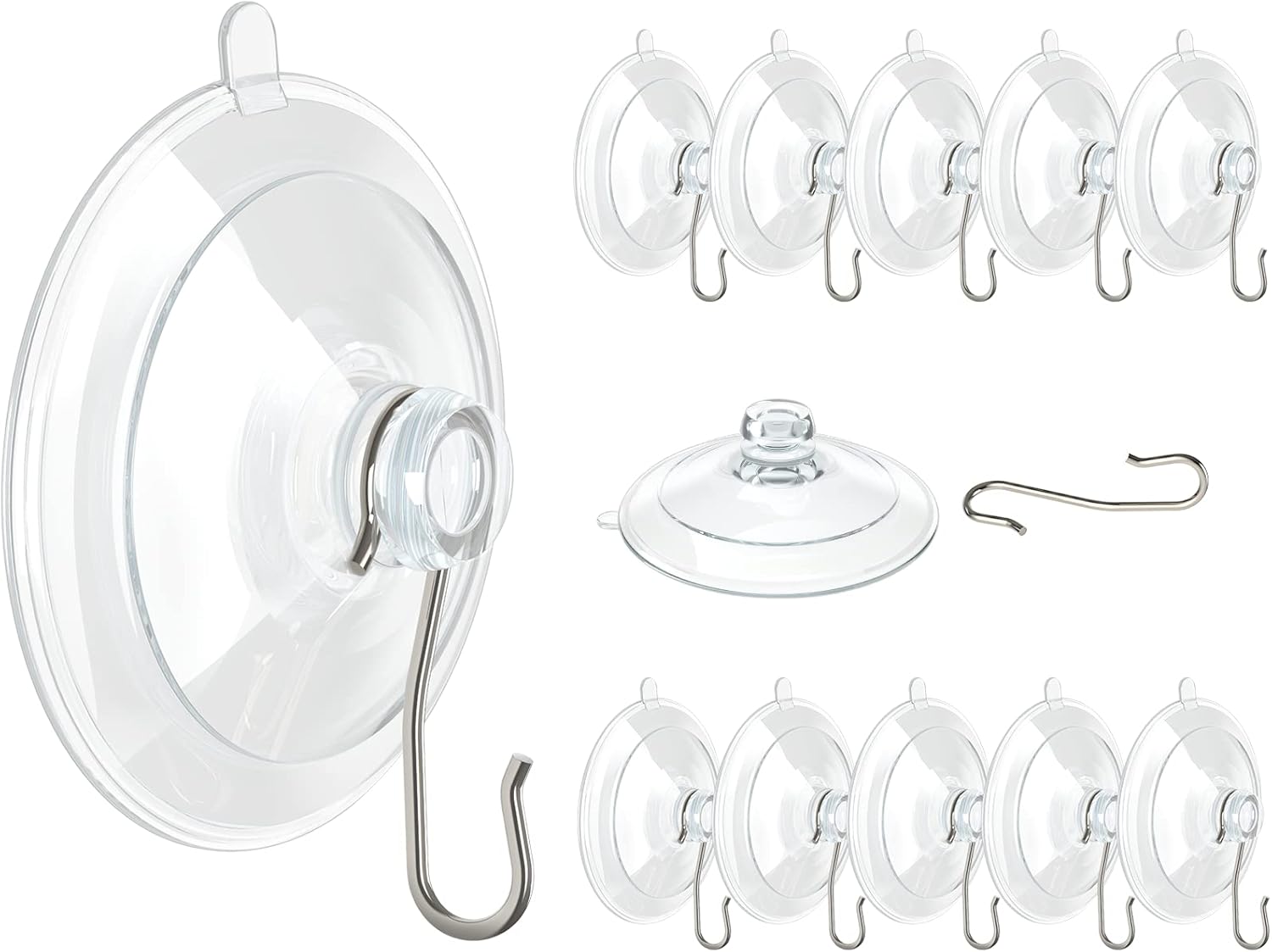 VIS'V Suction Cup Hooks - 1.77 Inch Clear Window Suction Cups with Metal Hooks | 12 Pcs, Removable & Reusable