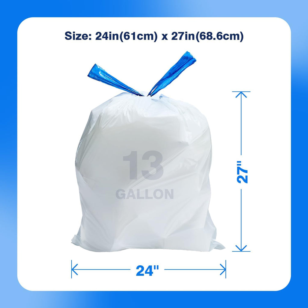 Regine Switzerland Tall Kitchen Drawstring Trash Bags - 300 Count, 13 Gallon, Eco-Friendly, Unscented, White