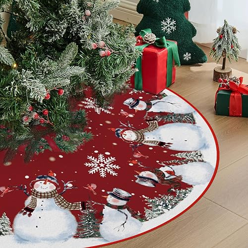 Snowman Christmas Tree Skirt 36 Inch - Red Holiday Decor