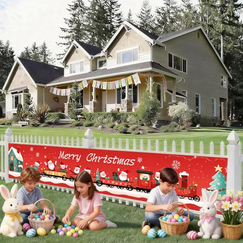 Christmas Train Banner 78.7x17.7 Inch - Santa with Gifts for Outdoor Decor