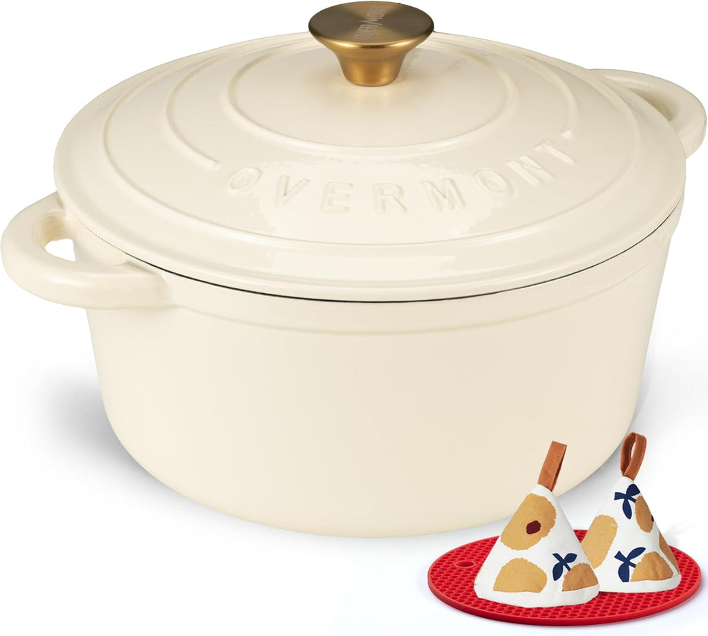 Overmont Enameled Cast Iron Dutch Oven - 7QT Heavy-Duty Pot with Lid & Potholders | Cream White for Braising & Baking