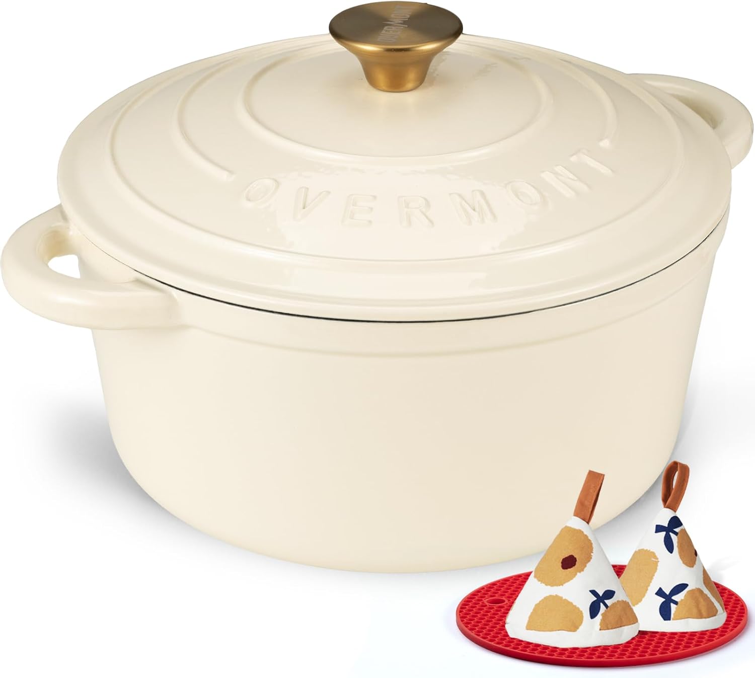 Overmont Enameled Cast Iron Dutch Oven - 7QT Heavy-Duty Pot with Lid & Potholders | Cream White for Braising & Baking