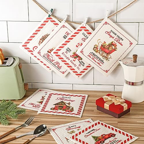 Christmas Swedish Dish Cloth Set - Reusable Kitchen Towels with Candy Cane Pattern - 8 Pcs