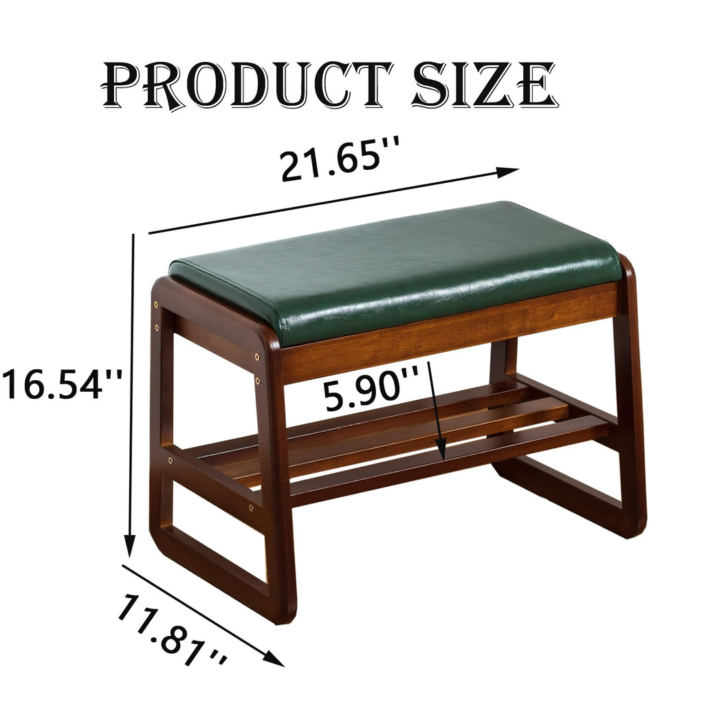 latifolia Solid Wood Bench, Entryway Shoe Bench with Cushion, 2 Tier Shoe Storage Organizer for Hallway, Living Room(Green,21.65''L)