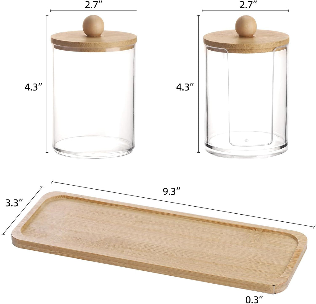 Tbestmax Qtip Holder - Clear Apothecary Jar with Bamboo Lid | 10 oz Cotton Swab Dispenser, 3 Pack
