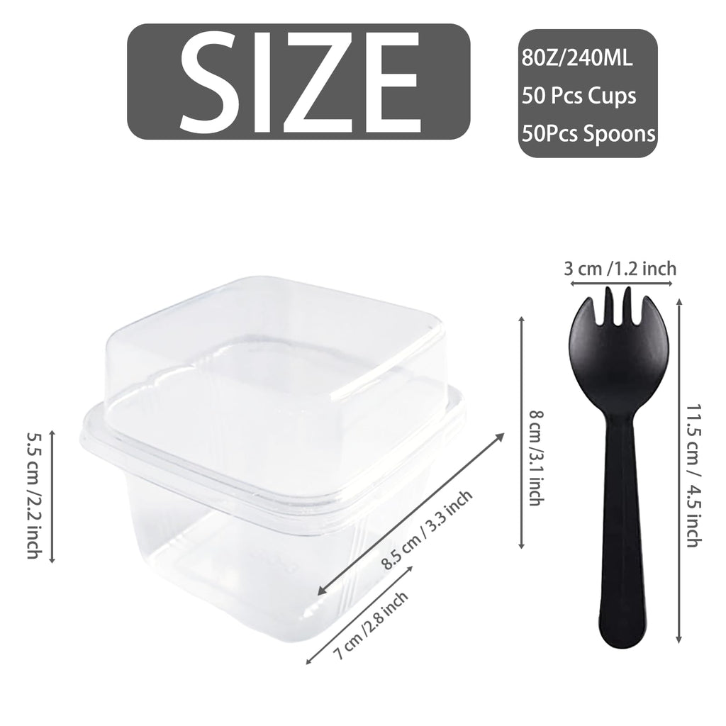 100 Pack 8OZ Plastic 50Pcs Square Dessert Cups with Lids and 50Pcs Spoons,Square Ice Cream Container with Forks, Disposable Parfait Cups for Mousse Cupcake Pudding Snacks Yogurt Parfait Fruits（50Sets）