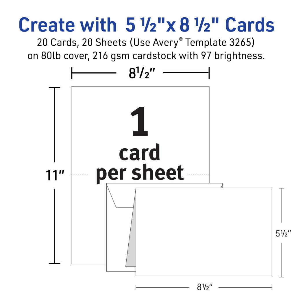 Avery Printable Half-Fold Greeting Cards, Envelopes Included, 5.5" x 8.5", Matte White, Inkjet Printer Compatible, 20 Blank Cards Total, Great for Product Branding, Marketing, and More (3265)