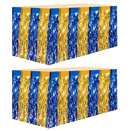 Blue Gold Metallic Tinsel Foil Fringe Table Skirt 2 Pack