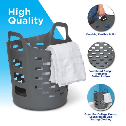 Clorox Flexible Laundry Basket - Plastic Hamper for Clothes, Bedroom, and Storage - Portable Round Bin with Carry Handles, 1 Bushel, Grey
