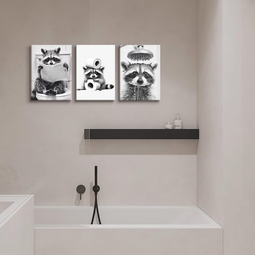 DCMVJHZV Funny Bathroom Wall Art - Cute Raccoon Canvas Prints | Modern Black & White Decor (12"x16", 3 Pcs)