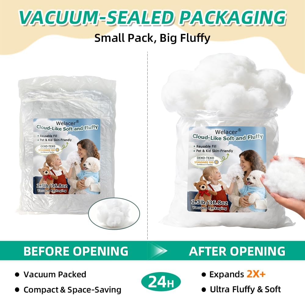 Welacer Polyfill Stuffing - Fluffy Pillow Filling for DIY Plush Toys & Cushions | 36.8oz Premium White Polyester