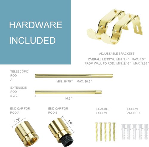 Byondeth Adjustable Curtain Rods - 16 to 60 Inches | 1-Inch Diameter with Gold Aluminium Finials