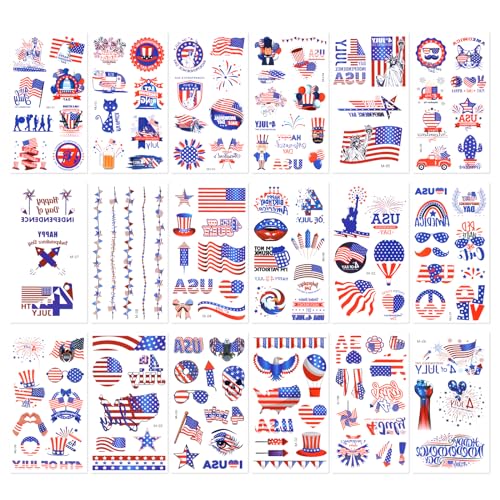 4th of July Temporary Tattoos - 18 Sheets Waterproof American Flag Body Art