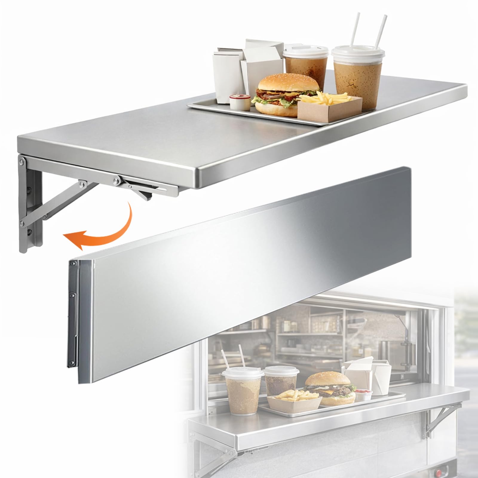 timiland Folding Concession Shelf 39x12 Inch, Stainless Steel Drop Down Serving Shelf, Wall Mounted Folding Shelf for Food Truck Window & Concession Stand(Drill Installation Required)