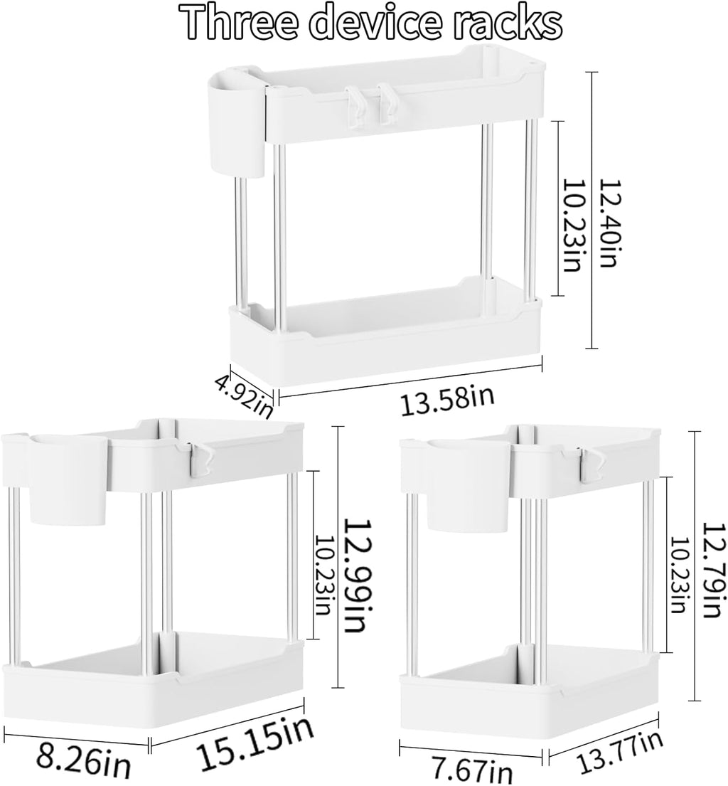 Skiennix 3 Pack Under Sink Organizers - 2 Tier Bathroom Cabinet Shelf with Hanging Cups | White
