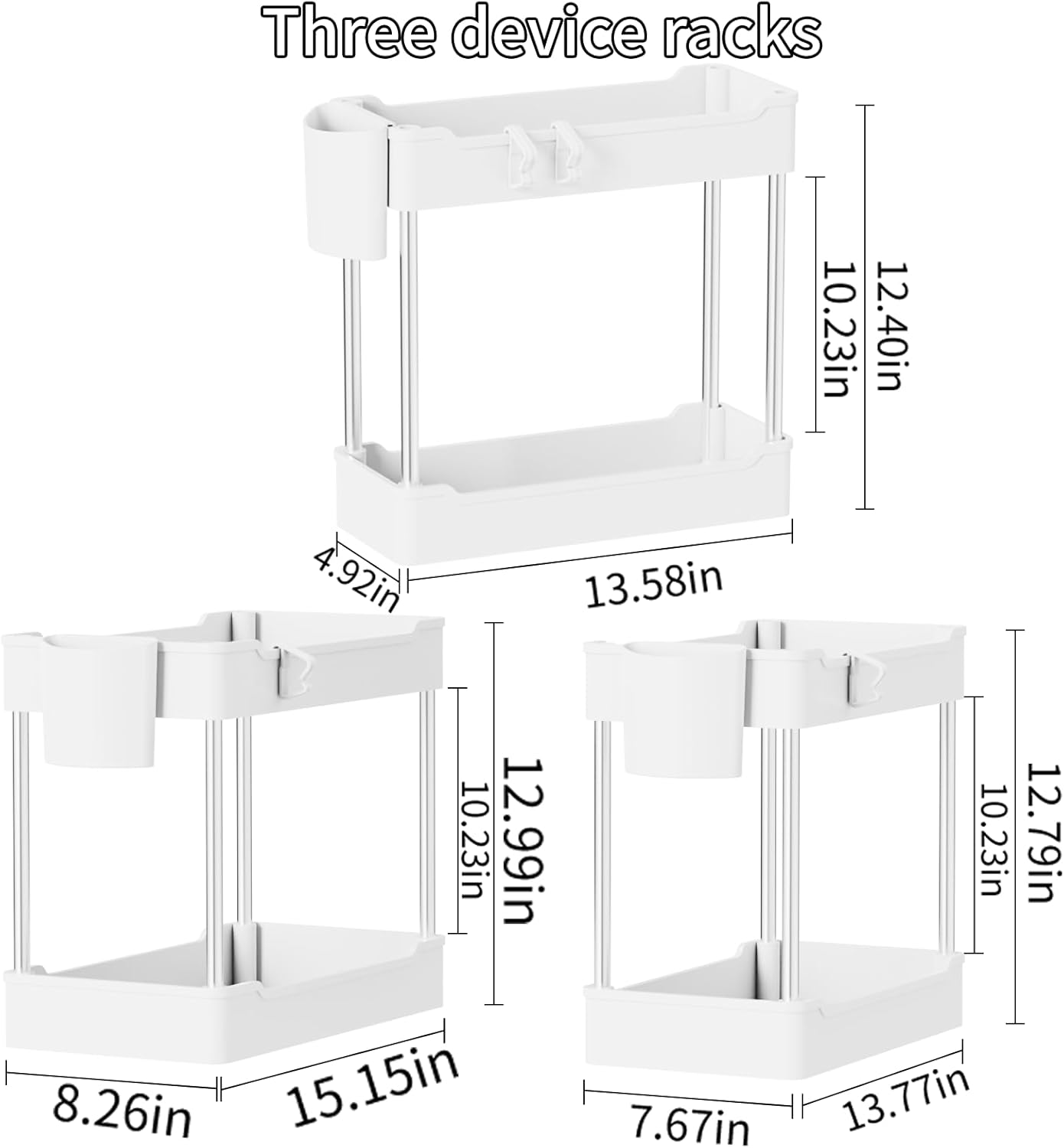 Skiennix Under Sink Organizers - 3 Pack 2-Tier Bathroom Cabinet Shelf with Hanging Cups | White