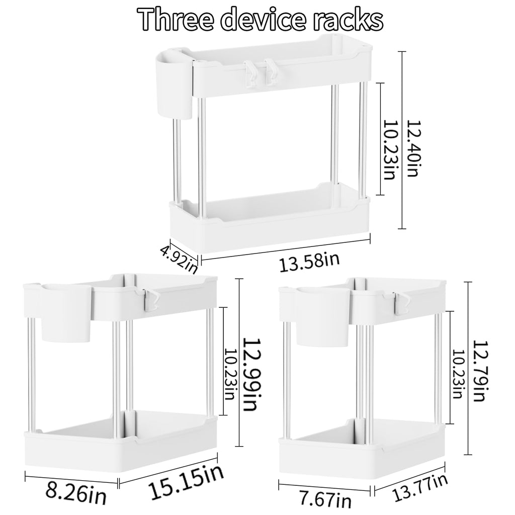 JYSMYWS 3 Pack Under Sink Organizers and Storage, 2 Tier Bathroom Cabinet Organizer Shelf with Hanging Cups for Kitchen & Bathroom (White)