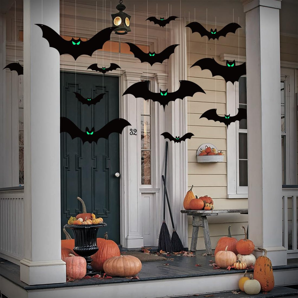 16Pcs Halloween Hanging Bats Decorations Outdoor, Large Flying Bats with Glowing Eyes for Halloween Tree Hanging Decorations Outside…