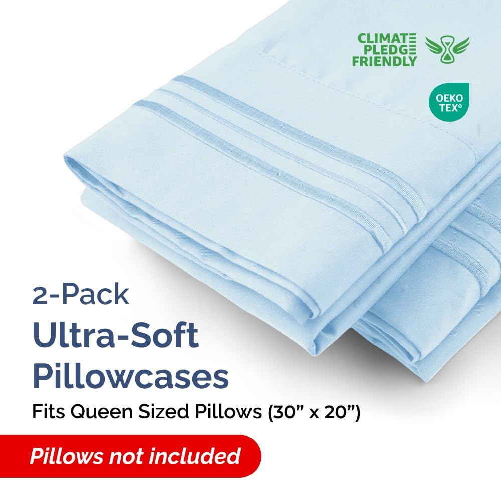 Skiennix Queen Pillow Cases Set of 2 - Ultra Soft Hotel Quality - Wrinkle Free & Stain Resistant - Sky Blue