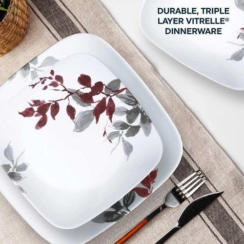 Corelle Kyoto Leaves Dinnerware Set - 16pc Service for 4 | Chip & Break Resistant, White