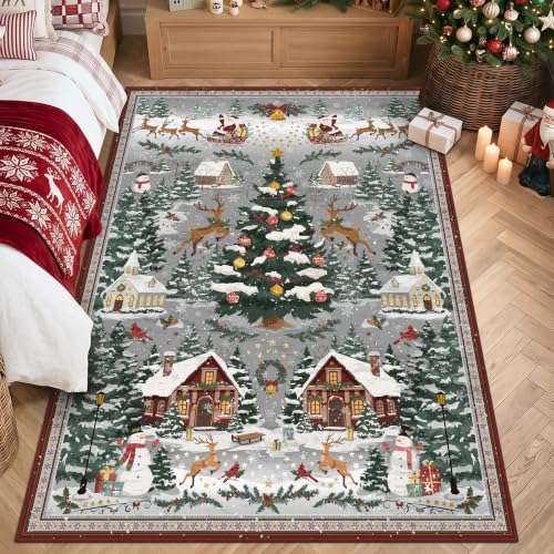 Grey Christmas Area Rug 5x7 ft Non-Slip Village Scene Living Room Decor