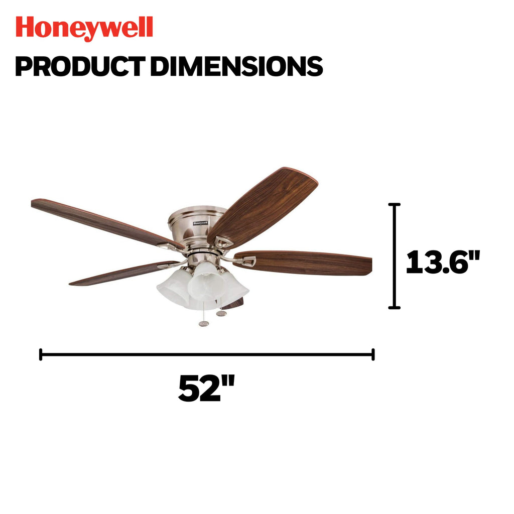 Honeywell Ceiling Fans Glen Alden, 52 Inch Classic Flush Mount Indoor LED Ceiling Fan with Light, Pull Chain, Quick-2-Hang Dual Finish Blades, Reversible Motor - 50182 (Brushed Nickel)