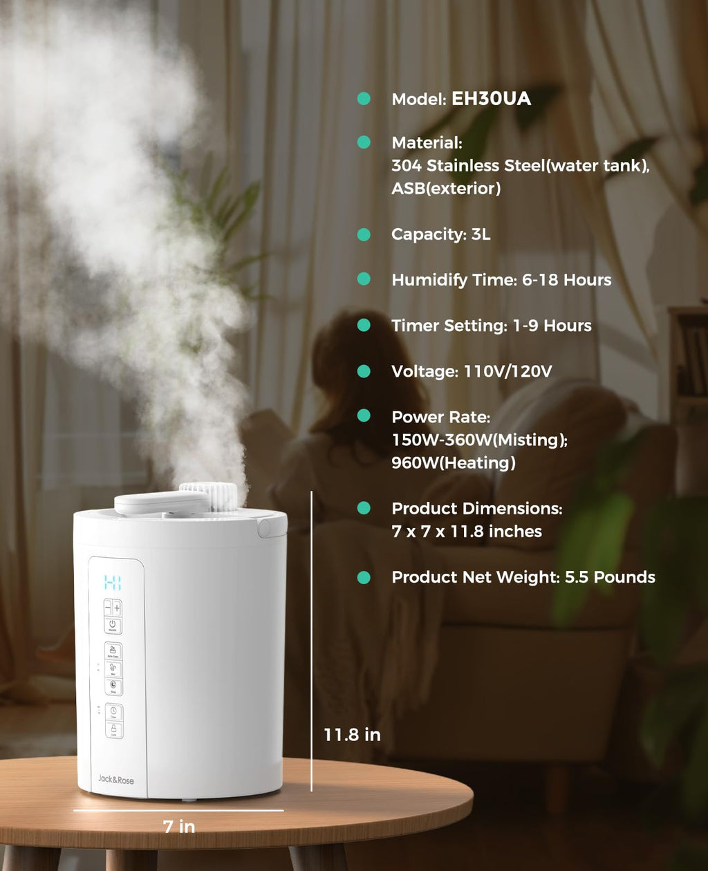 3L Stainless Steel Humidifier for Bedroom, Warm Mist Humidifiers Easy Clean, Steam Humidifier for Living Room, Whisper-Quiet and Filterless, with Sleep Mode and Timer, Auto-off Setting