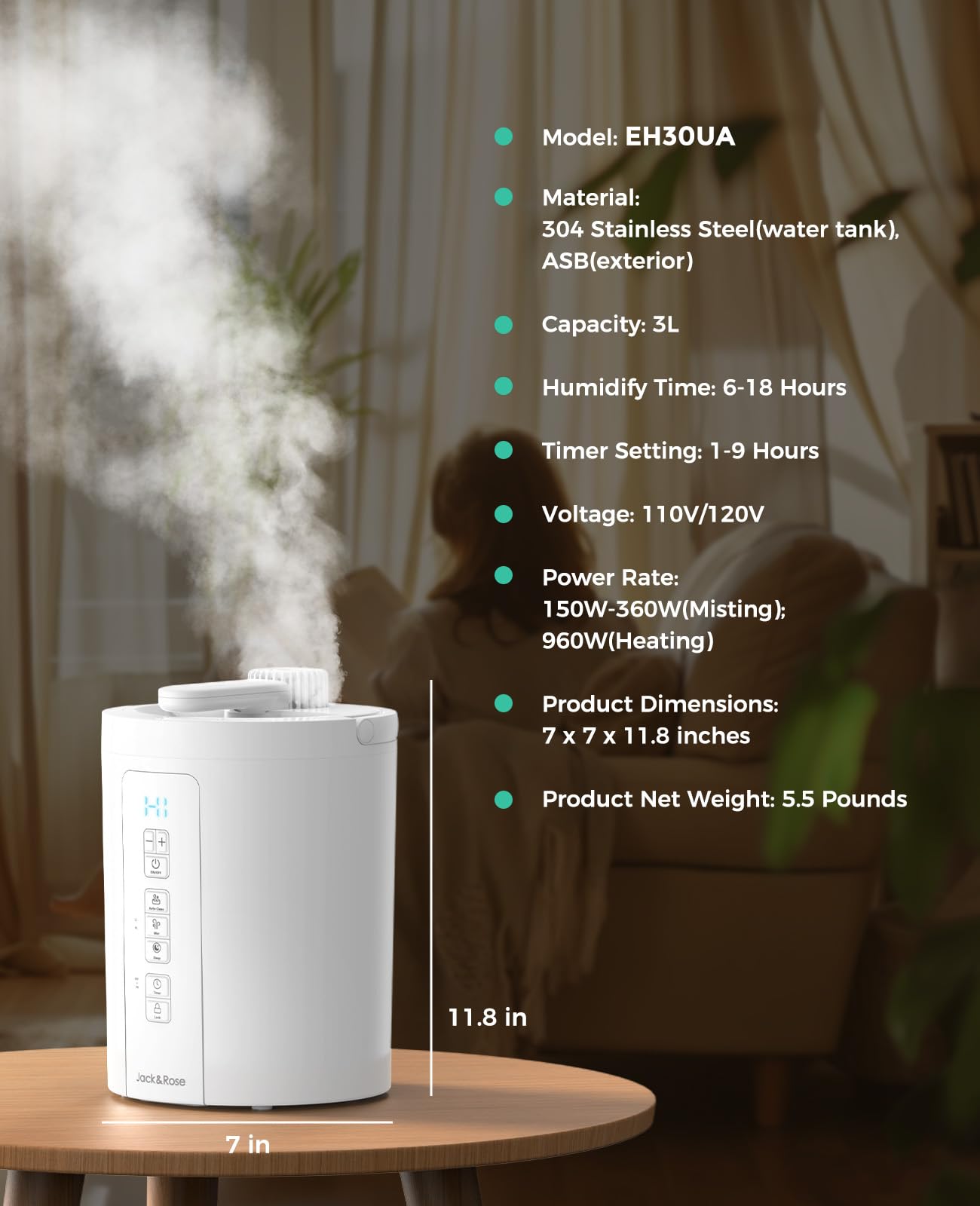 3L Stainless Steel Humidifier for Bedroom, Warm Mist Humidifiers Easy Clean, Steam Humidifier for Living Room, Whisper-Quiet and Filterless, with Sleep Mode and Timer, Auto-off Setting