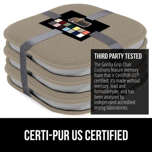 GORILLA GRIP Slip Resistant Chair Cushions, No Ties Required, Set of 8 Memory Foam Pads for Dining Room, Kitchen Table, Office, Rocking Chairs, Plush Seat Cover Cushion Pad, Home Decor, 16x16, Beige