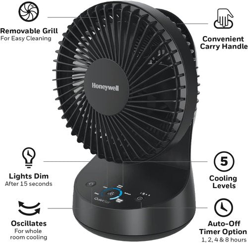 Honeywell QuietSet Oscillating Table Fan - Quiet Operation with 5 Power Levels | Black, Ideal for Small Rooms
