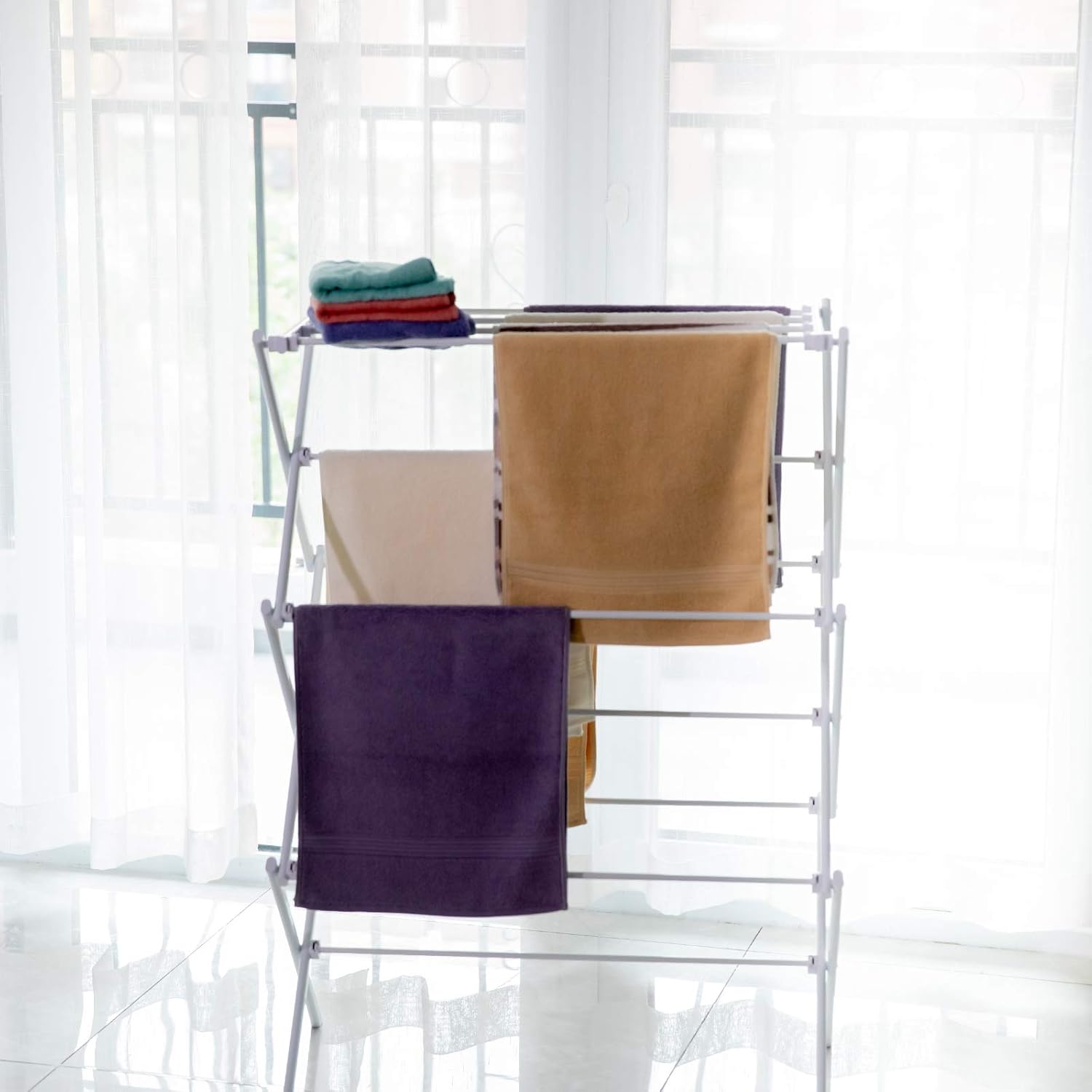 Skiennix Foldable Clothes Drying Rack - Portable 3-Tier Vertical Laundry Rack for Indoor/Outdoor Use - White