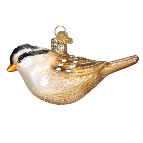 Old World Christmas White-Crowned Sparrow Glass Blown Ornament for Christmas Tree, Handcrafted Holiday Decoration, Bird Watcher Collection