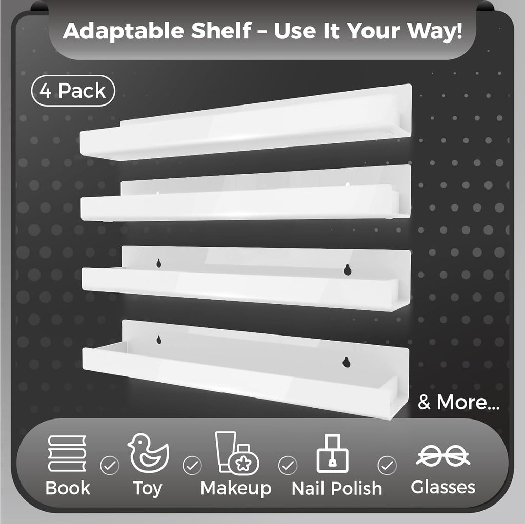 Skiennix 15-Inch White Acrylic Shelves - Modern Floating Bookshelf for Kids' Room | Versatile Toy & Display Storage