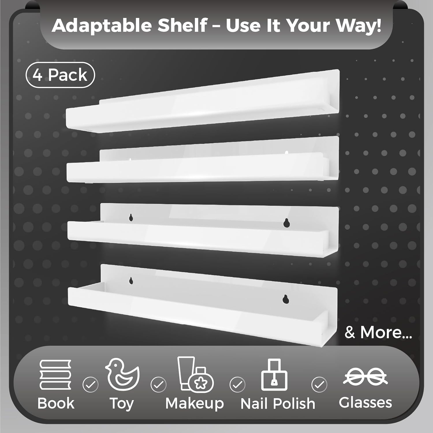 Skiennix 15-Inch White Acrylic Shelves - Modern Floating Bookshelf for Kids' Room | Versatile Toy & Display Storage