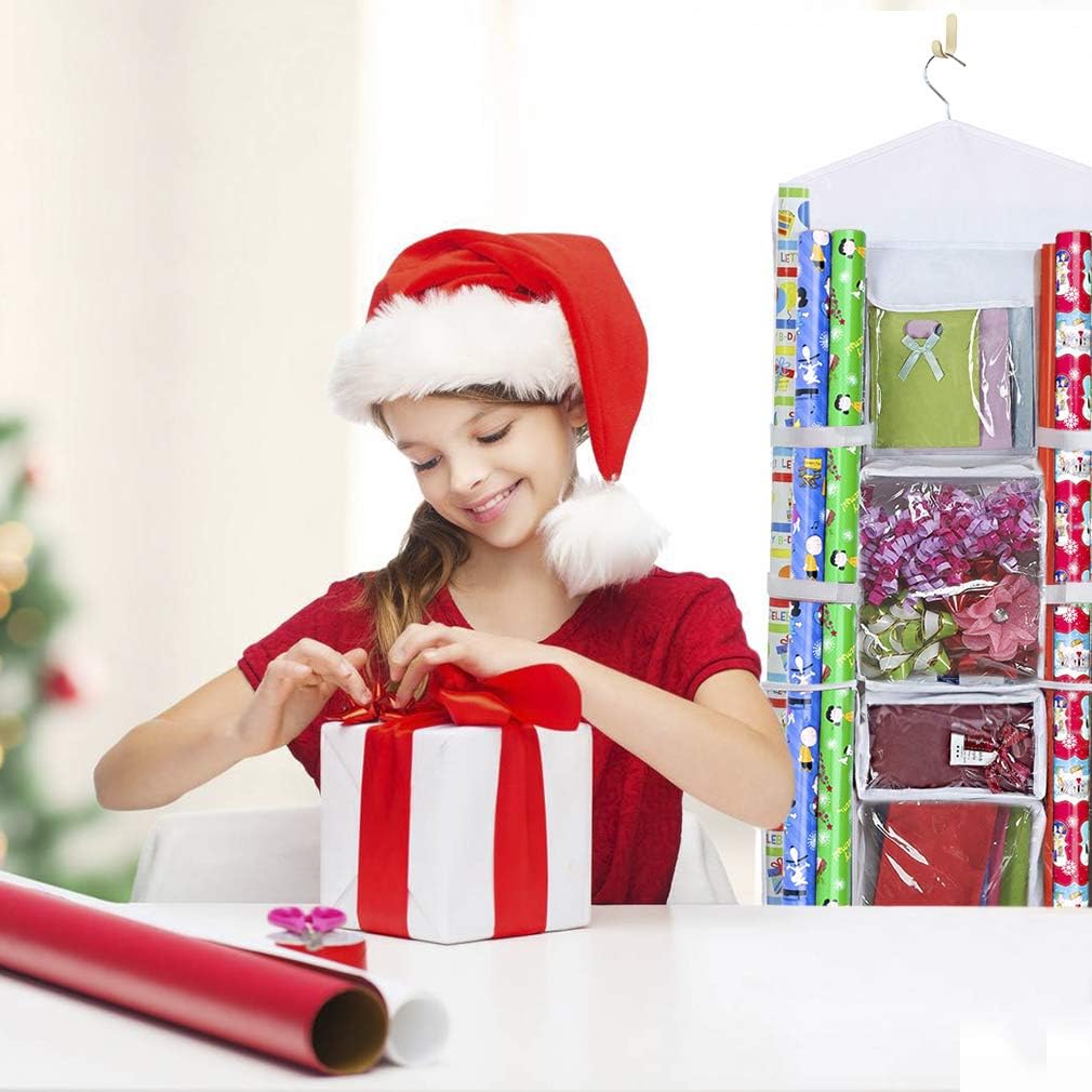 Primode Wrapping Paper Storage - Over The Door Gift Wrap Organizer with Double-Sided Pockets | 40”x17” (White)