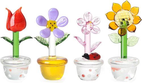 LONGWIN Mini Crystal Flower Figurines - Hand Blown Glass Spring Bouquet | 4pcs Collectible Home Decor Gift