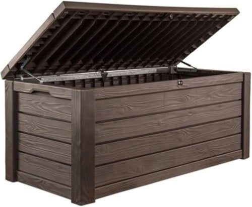 Keter Westwood 150 Gallon Deck Box - Large Brown Outdoor Storage & 2-Person Bench Seat with Lockable Lid