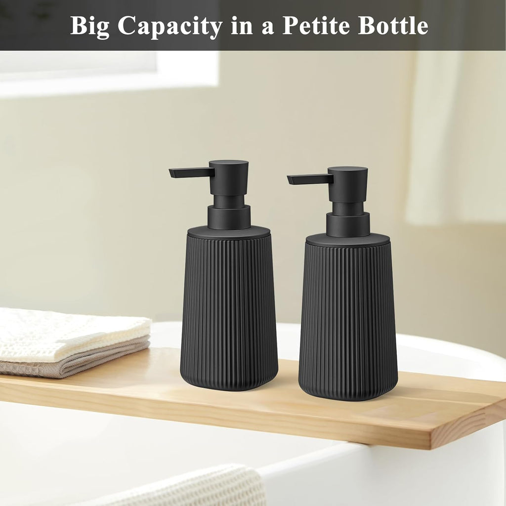 Black Hand Soap Dispenser - Rust-Proof Pump for Bathroom & Kitchen | Refillable Striped Matte Plastic, 8.5 oz