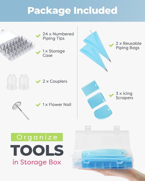 Kootek 32-Piece Cake Decorating Kit - 24 Icing Piping Tips & 2 Reusable 12-Inch Pastry Bags