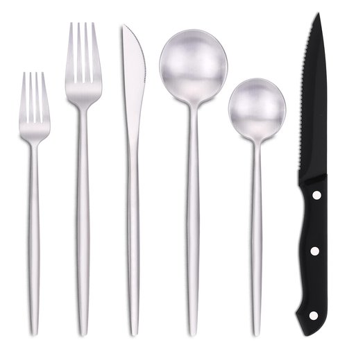 EUIRIO 48-Piece Matte Silverware Set with Steak Knives, Flatware Set for 8, Stainless Steel Forks and Spoons Silverware Sets, Satin Finish, Dishwasher Safe Cutlery Utensils Set