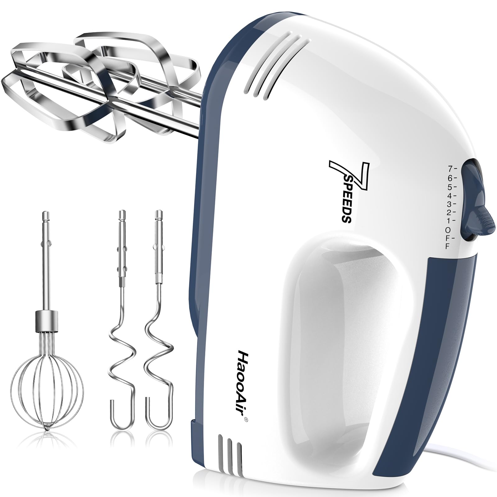 HaooAir Electric Handheld Mixer, 7-Speed Adjustable Kitchen Mixer, 5 Stainless Steel Accessories (2 * Dough Hooks, 2 * Beaters, 1 * Whisk), Perfect for Kitchen and Baking Food Mixers, White