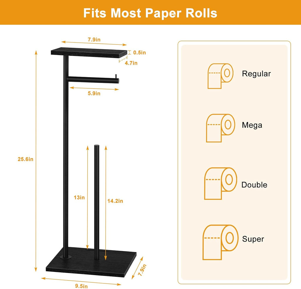 Skiennix Free Standing Toilet Paper Holder - Stylish Black Bathroom Stand with Storage Shelf for Mega Rolls