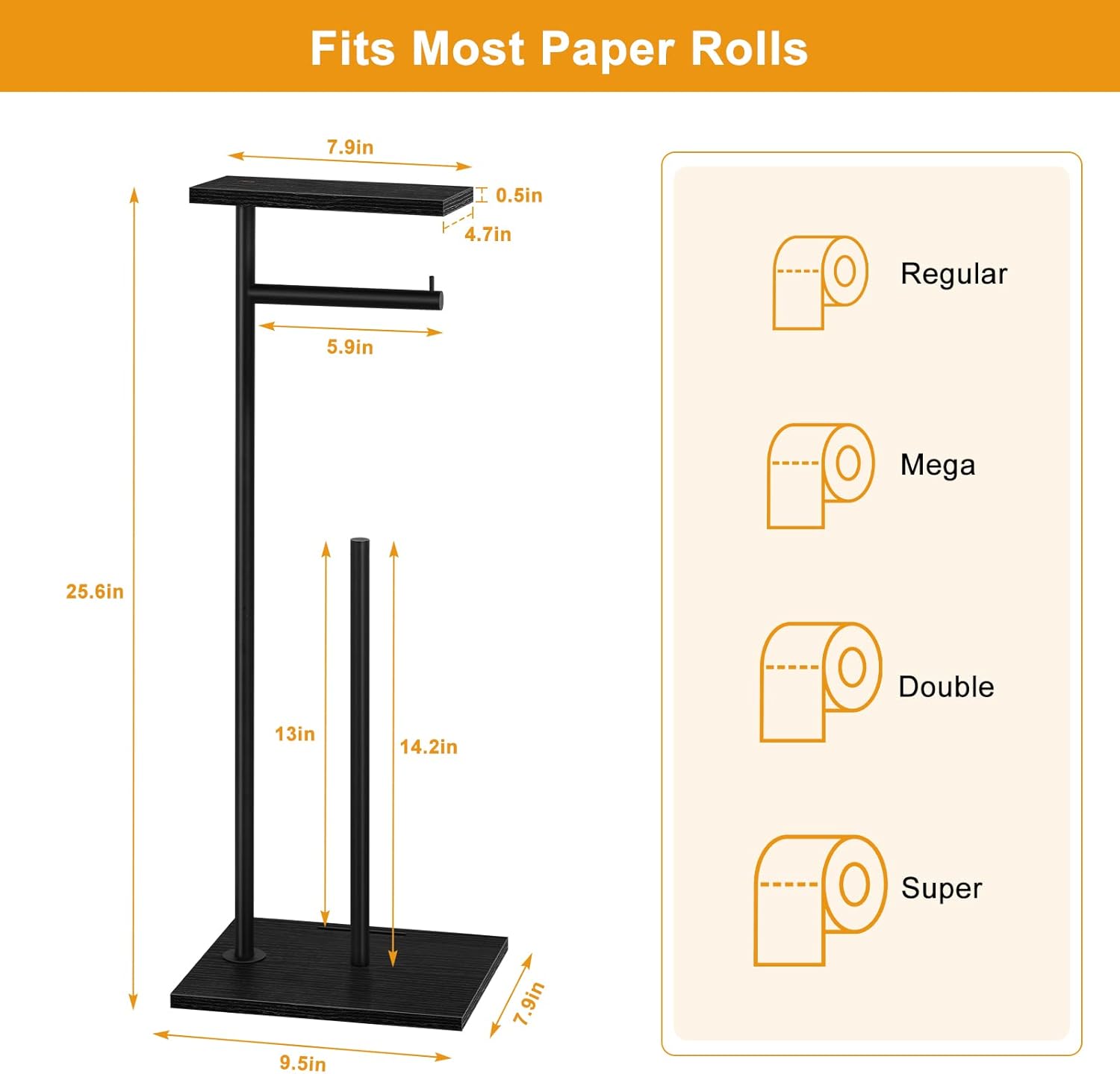 Skiennix Free Standing Toilet Paper Holder - Stylish Black Bathroom Stand with Storage Shelf for Mega Rolls